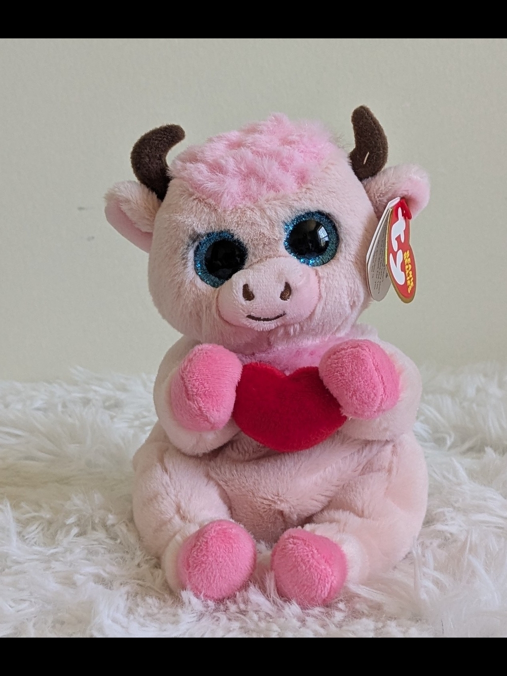 Ty Pink Plush Cow with Red Heart and Blue Sparkle Eyes